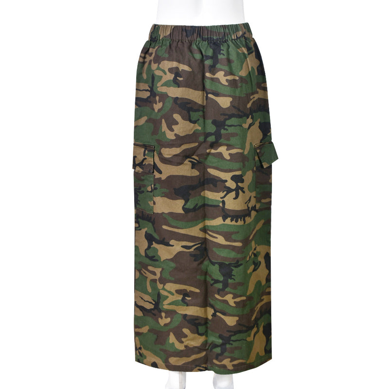 Plus Size Camouflage Printed Washed Long Skirt GNZD 9149DD