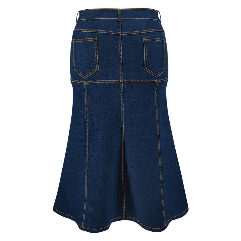 Plus Size Washed Zipper Denim Long Skirt GDAM 218630