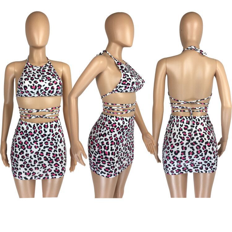 Sexy Leopard Halter Crop Top Mini Skirt 2 Piece Sets LM 8220