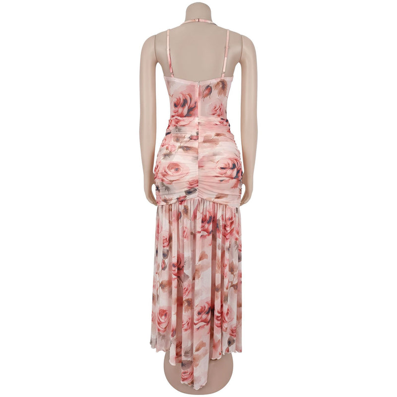 Floral Print Halterneck Mesh Evening Dress BY 7753