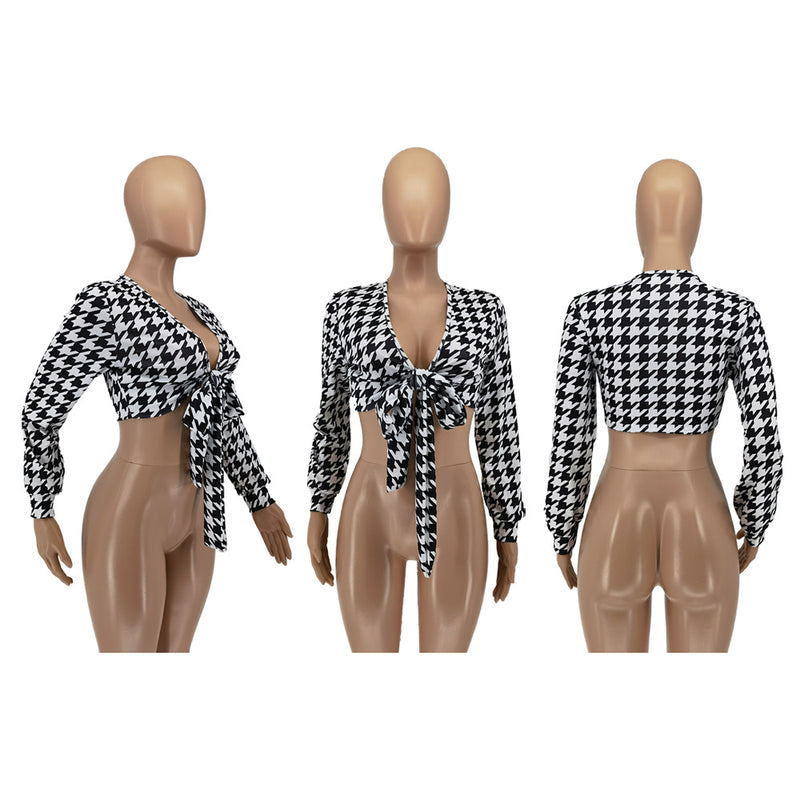Houndstooth Print Long Sleeve Tie Up Tops WSM 5267