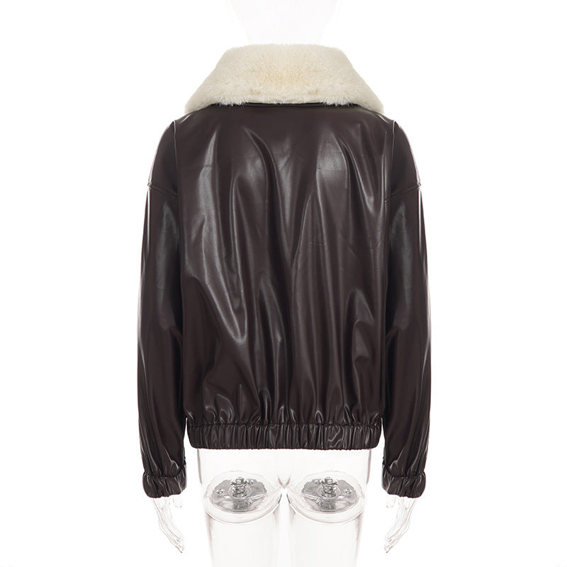 Fur Collar Zipper Leather Jacket GPKJ MR51470