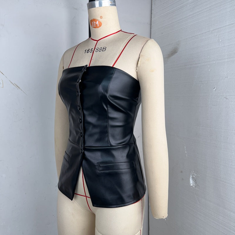 Sexy Single breasted PU Leather Tank Tops GPBY 17143