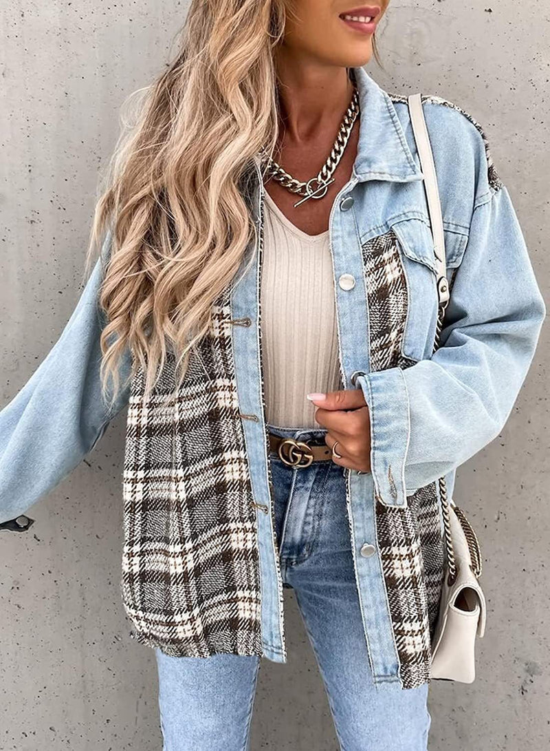 Denim Long Sleeve Plaid Shirt Jacket GOFY W220239