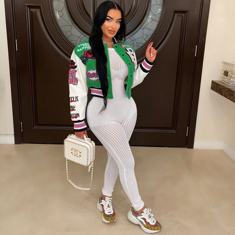 Fashion Print Long Sleeve Rib Patchwork Baseball Jacket YNSF 2618