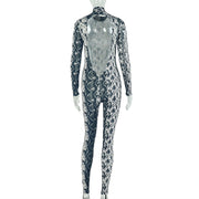 Snake Print High Collar Long Sleeve Jumpsuit GJYO 006317