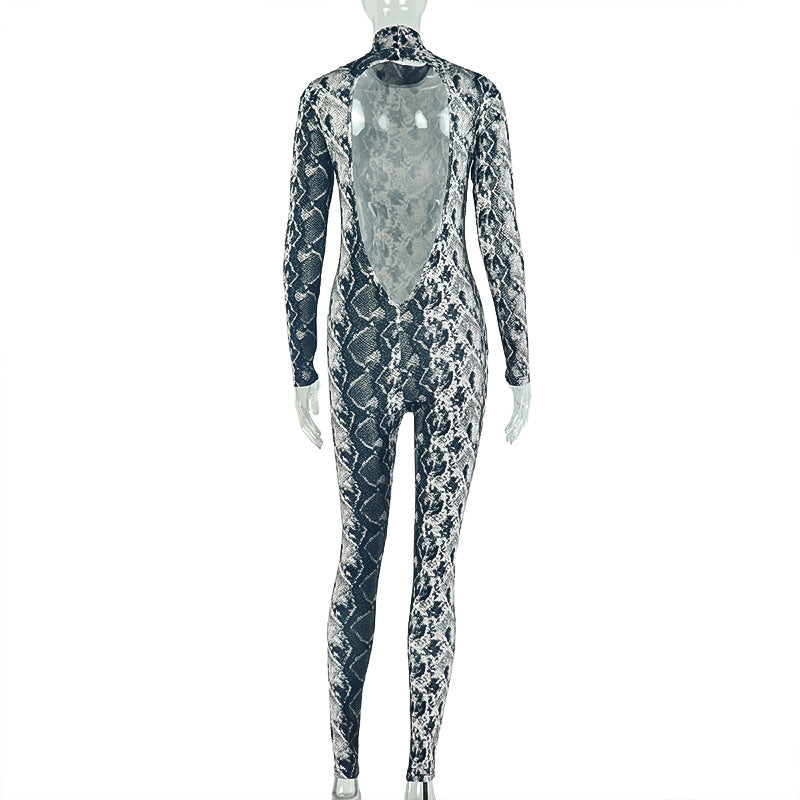Snake Print High Collar Long Sleeve Jumpsuit GJYO 006317