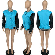 Fashion Color Block Leather Sleeve Baseball Jacket WMEF 20036