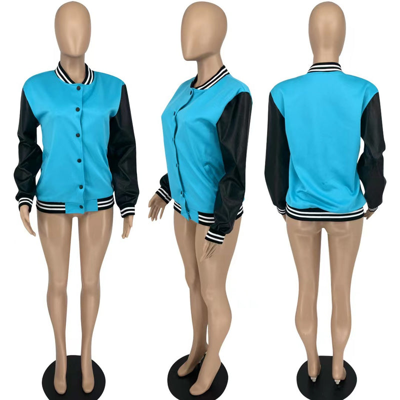 Fashion Color Block Leather Sleeve Baseball Jacket WMEF 20036