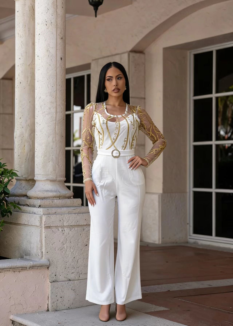 Mesh Embroidery See Through Wide Leg Jumpsuit LA 6005