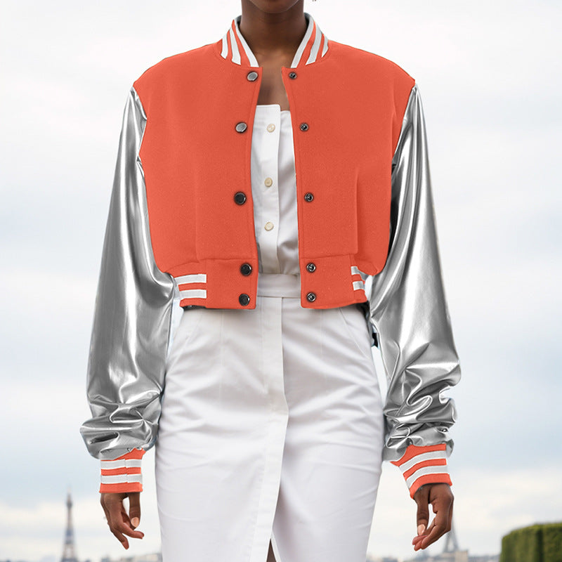 Color Block Short PU Leather Baseball Coat GSZM K23TP377