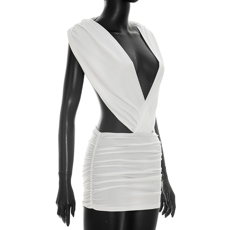 Deep V Neck Backless Ruched Mini Dress GSZM C26DS147