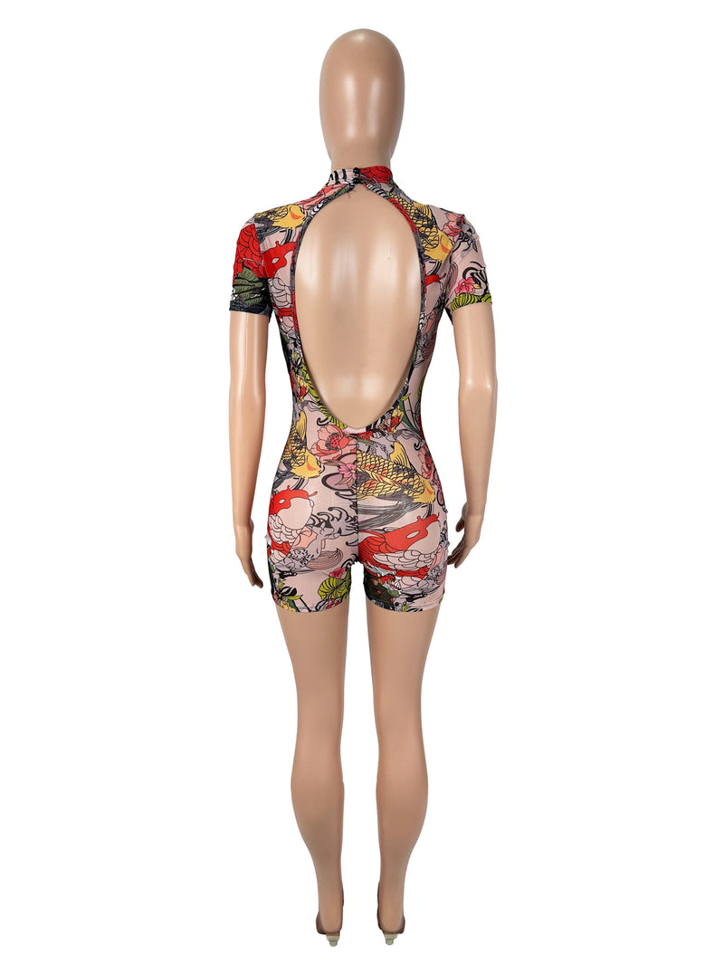 Mesh Print Backless Skinny Romper SHD 9546