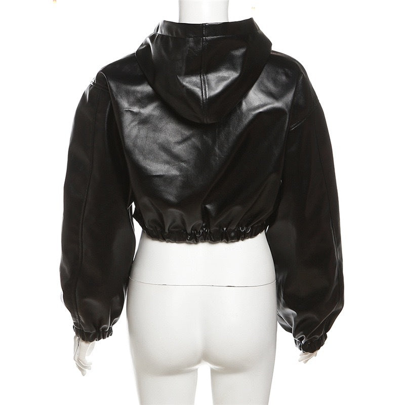 Long Sleeved Hooded Faux Leather Jacket HHMY 5613