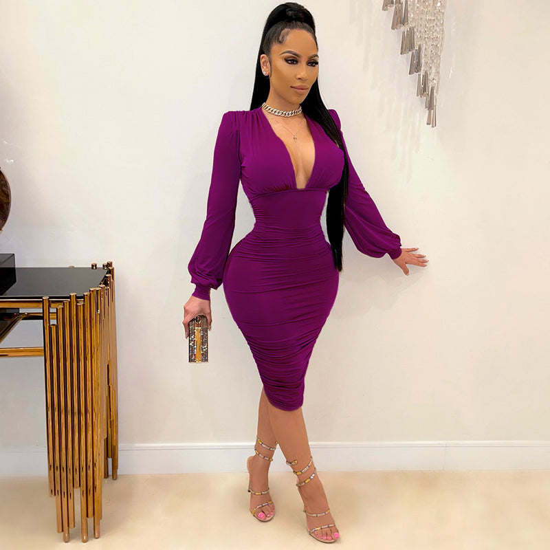 Sexy Solid V Neck Long Sleeve Bodycon Dress HNIF 016