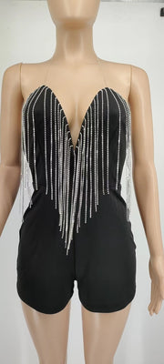 Rhinestone Deep V Neck Tassel Wrap Romper GYOM 8855