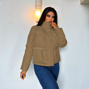 Long Sleeve Standing Collar Solid Color Cotton Jacket FL 23469