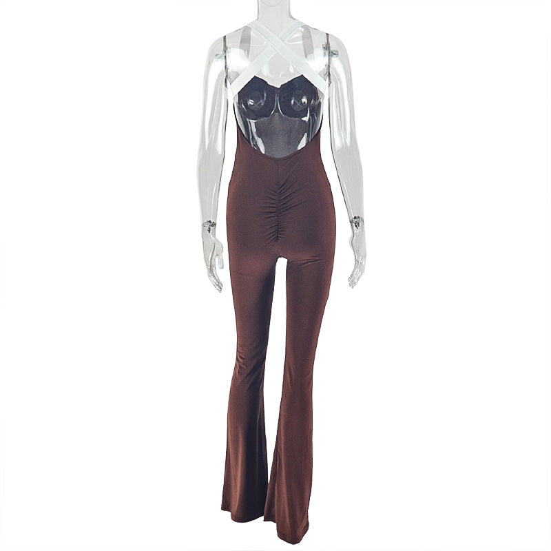 Solid Color Sling Backless Flare Jumpsuit GJYO 006295
