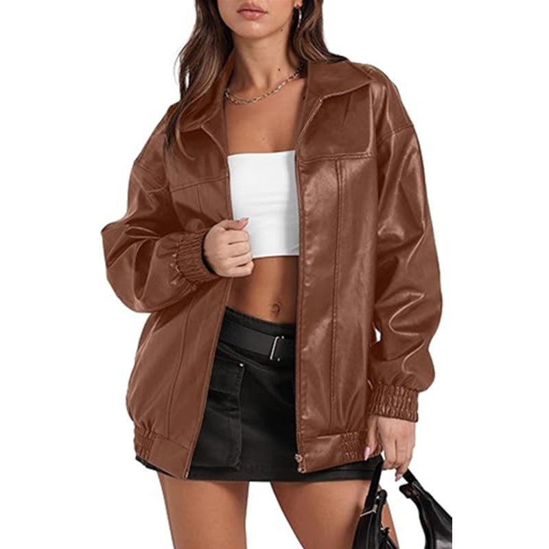 Long Sleeve Collared Zipper PU Leather Jacket GYOU CX830