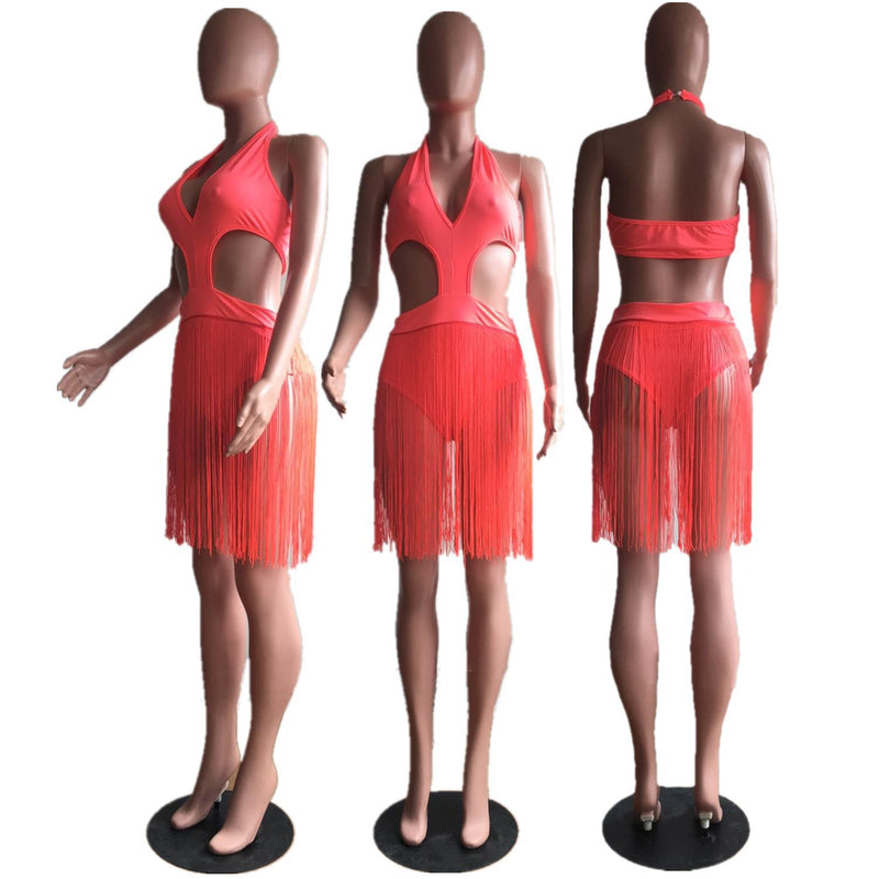 Sexy Tassel V Neck Halter One Piece Swimsuit MDF 5205