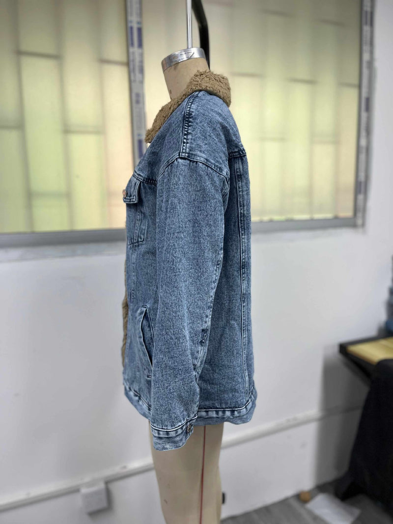 Loose Long Sleeve Fleece Denim Jacket GYXN 20780