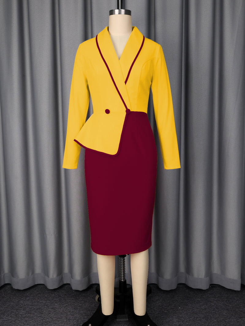 Plus Size Color Block Long Sleeve Midi Dress GKEN ADR051131