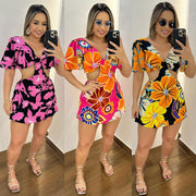 Printed Hollow Out Ruffle Sleeve Romper NY 10786