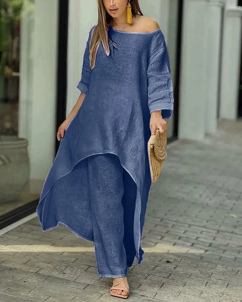 Plus Size Solid Color Long Sleeve Irregular Two Piece Pants Set GYJY W0839