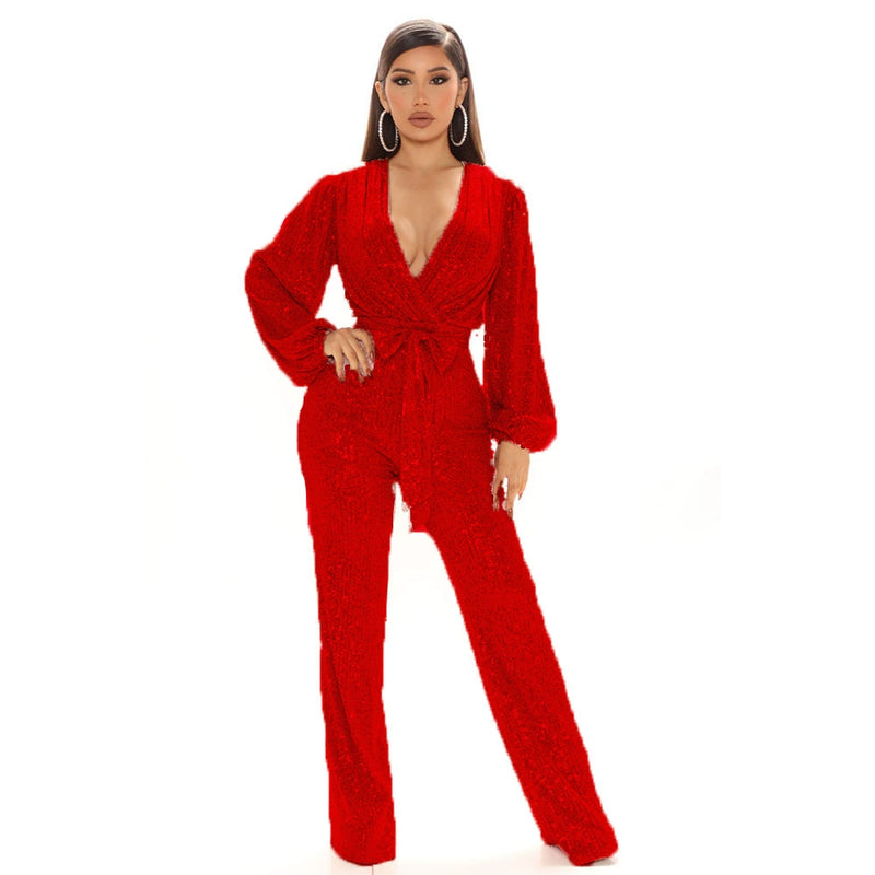 Sequin Deep V Neck Tie Up Jumpsuit GYOM 8794
