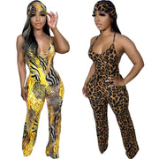 Leopard Print Sling Jumpsuit With Headscarf OD 8547