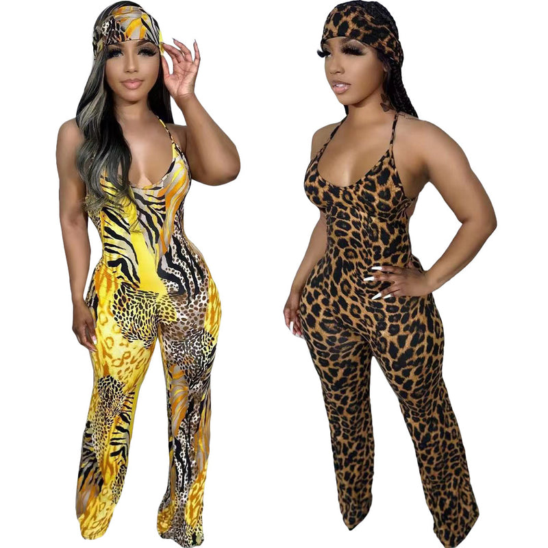 Leopard Print Sling Jumpsuit With Headscarf OD 8547
