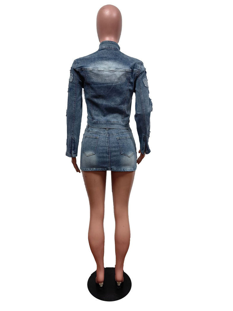Denim Embroider Jackets And Skirt Two Piece Set MEM 88539