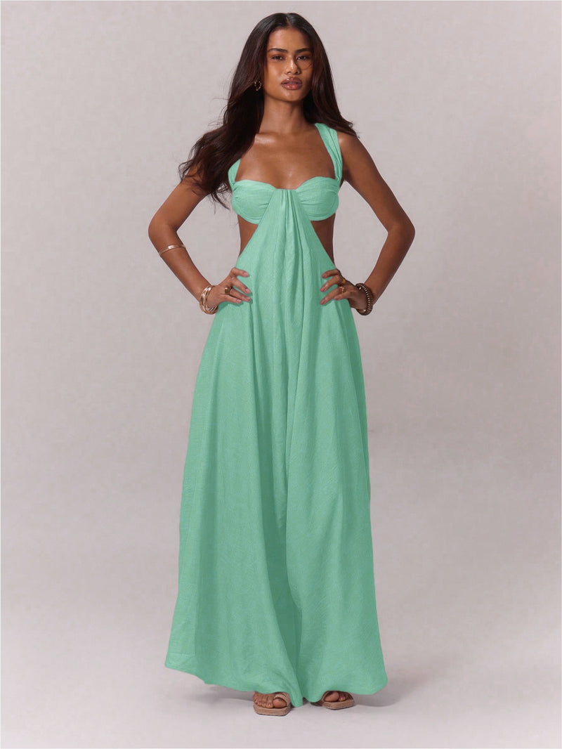 Solid Color Halterneck Tie Up Loose Jumpsuit GQLK KG1173