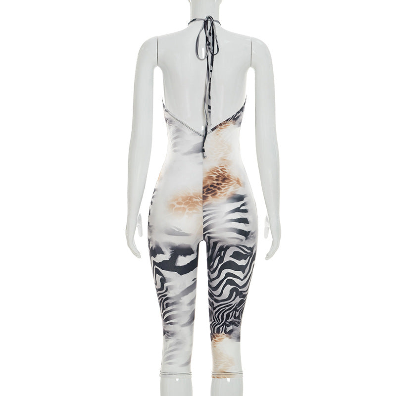 Sexy Halterneck Backless Print Seventh Jumpsuit MXBF J26JP173