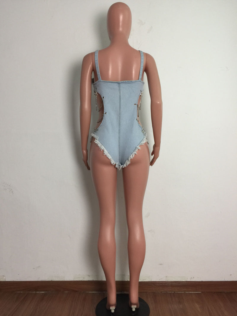 Denim Chain Hollow Out One Piece Swimsuit LA 3281