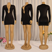 Deep V Neck Long Sleeve Bodycon Dress GZIY 6372