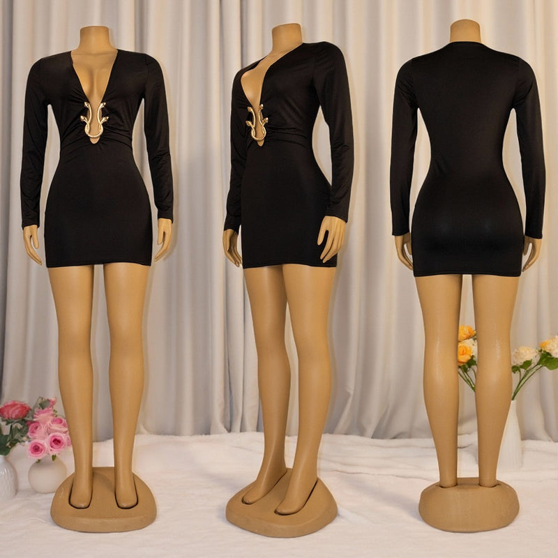Deep V Neck Long Sleeve Bodycon Dress GZIY 6372