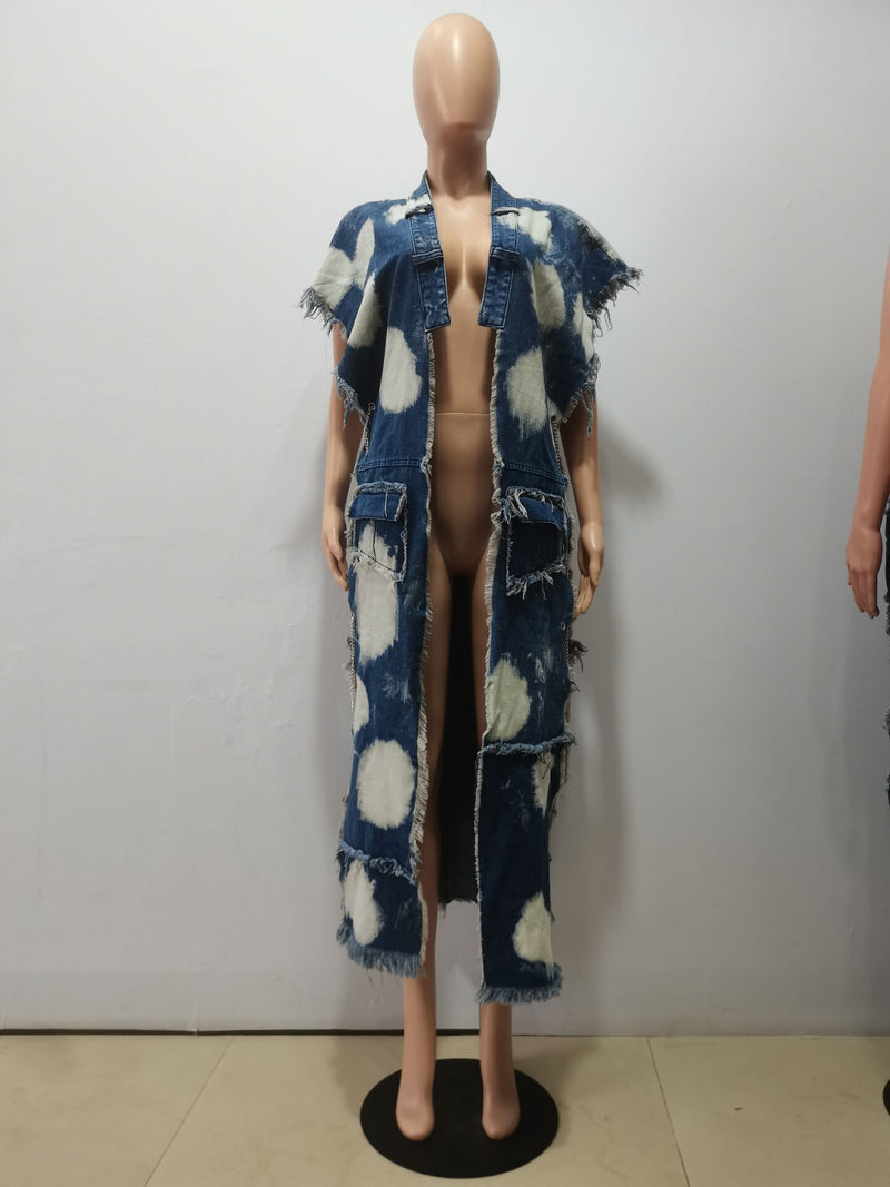 Fashion Chain Patchwork Sleeveless Denim Split Long Coat CM 8696
