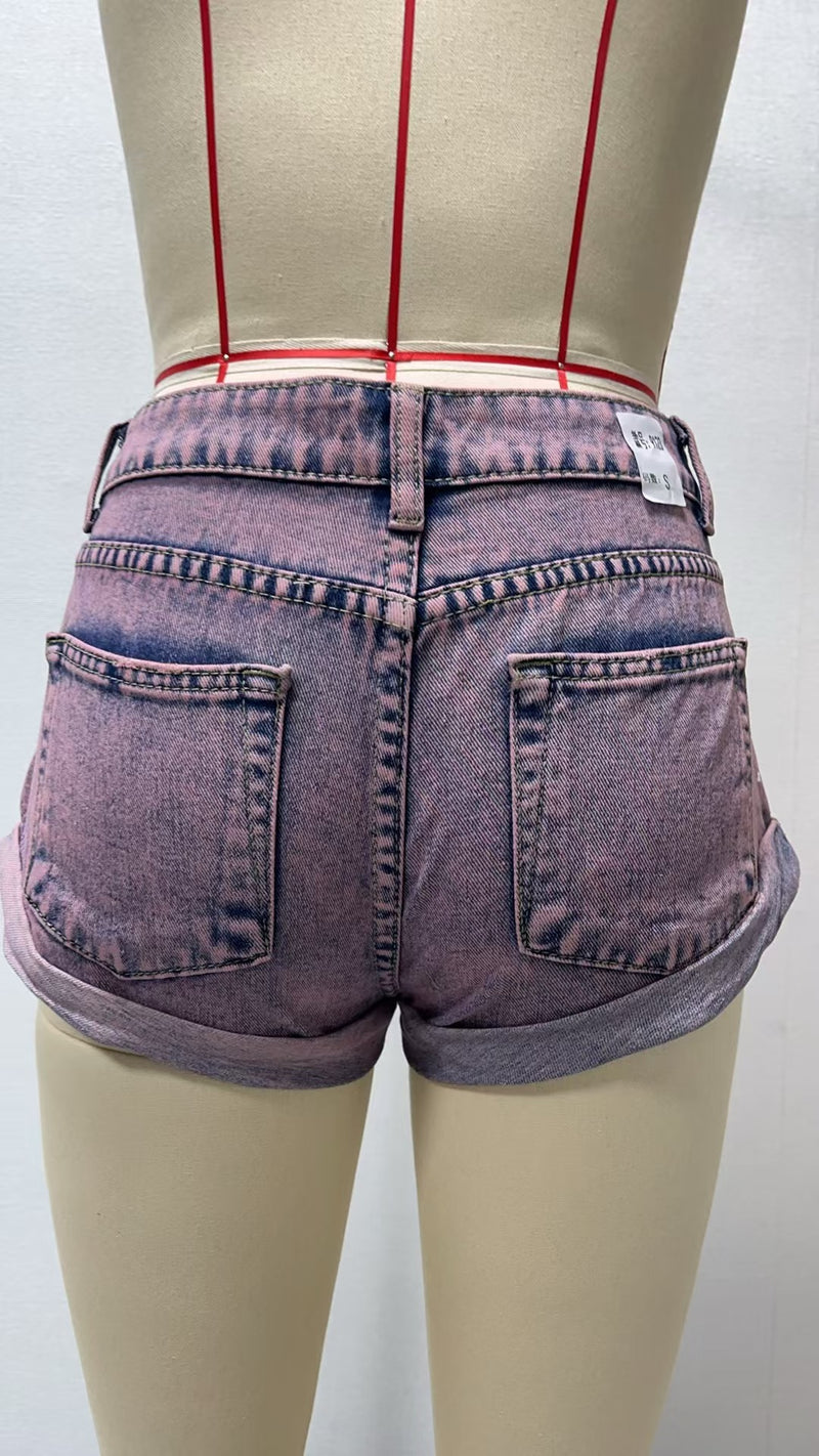 Fashion Print Washed Denim Shorts GSMF 9123