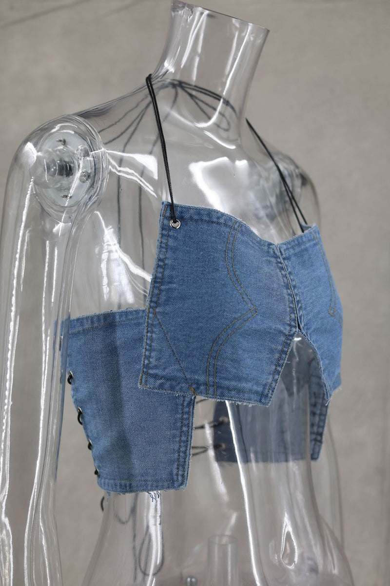 Wrap Chest Halterneck Denim Tank Top GLYK LX008