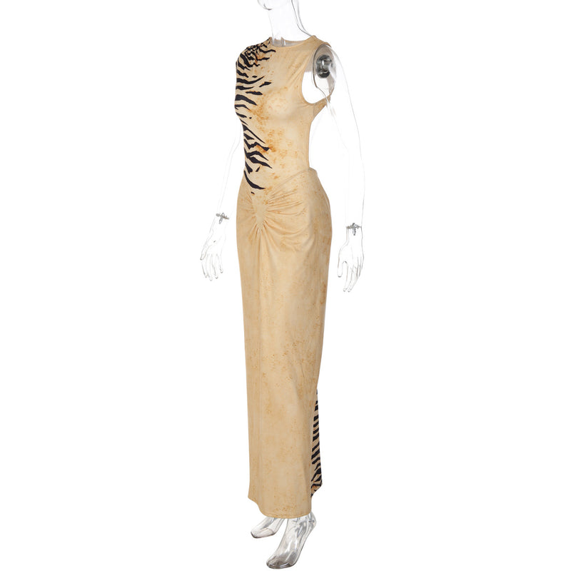 Zebra Print Backless Hollow Out Maxi Dress GLAG D6321233G