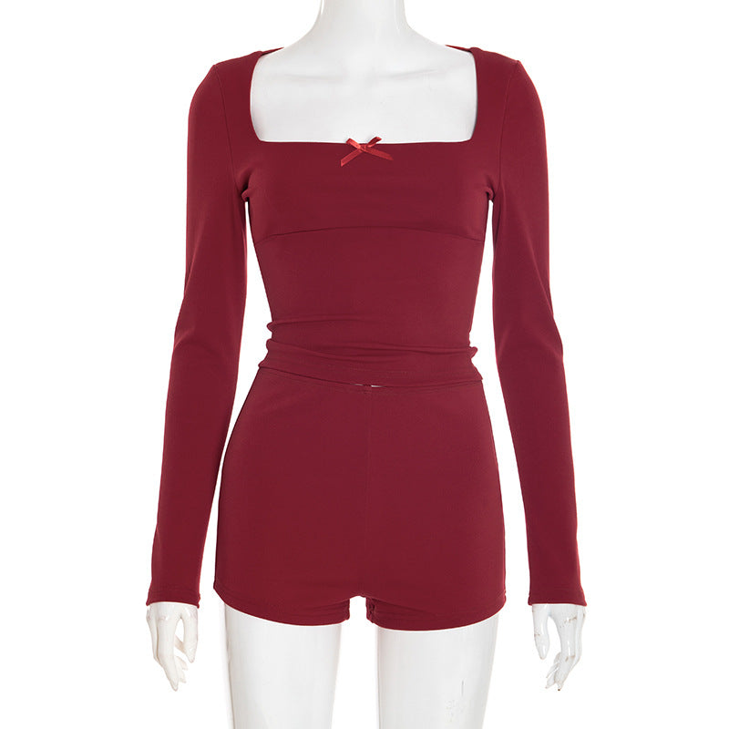 Long Sleeve Solid Color Two Piece Shorts Set GSZM D25ST354