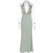 Halterneck Deep V Neck Backless Maxi Dress GWSD D1995197