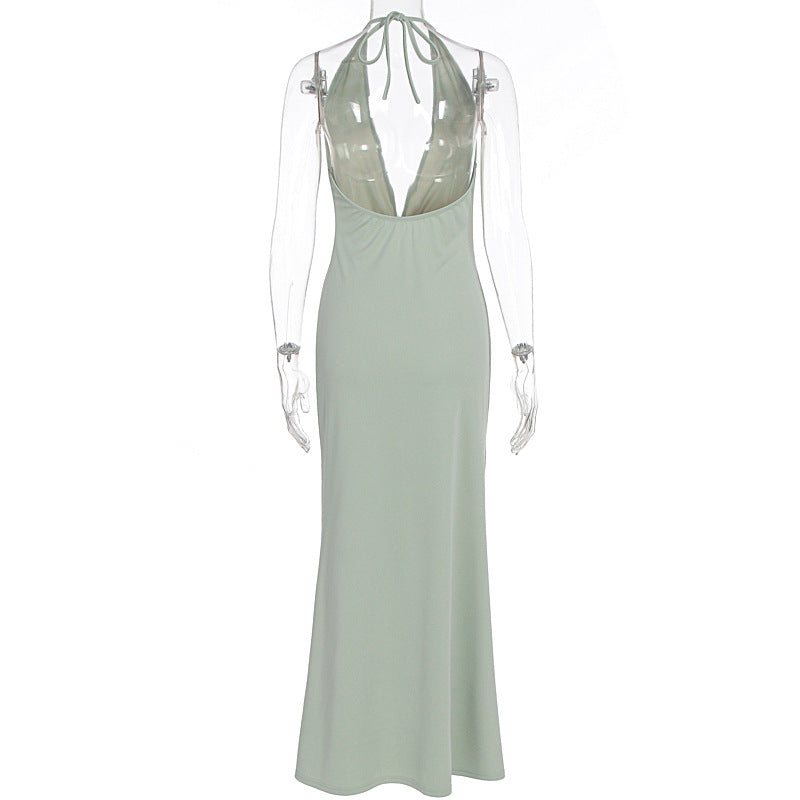 Halterneck Deep V Neck Backless Maxi Dress GWSD D1995197