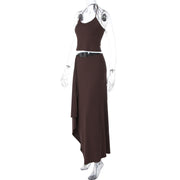 Solid Color Sling Top Irregular Long Skirt 2 Piece Set GLAG S5A20528F