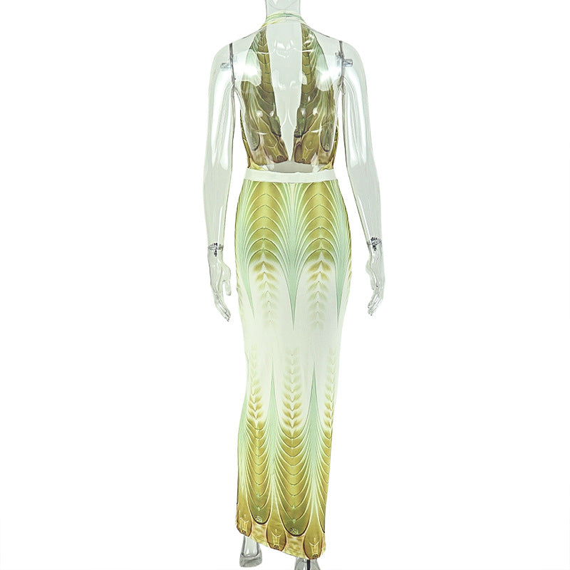 Gradient Print Halterneck Backless Maix Dress GJYO JD305323