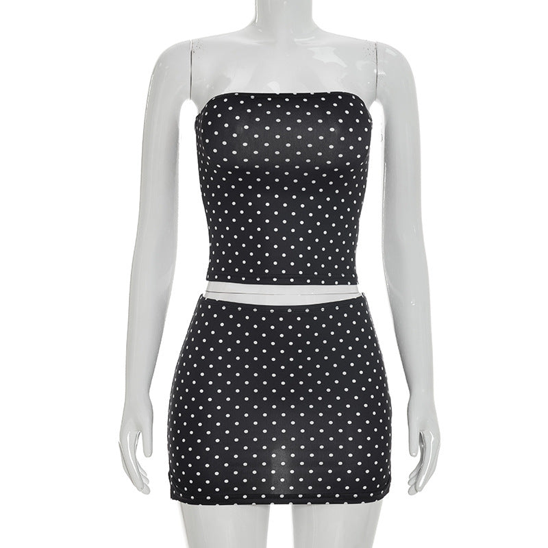 Polka Dot Print Tube Top Mini Skirt 2 Piece Set GDSF D26ST233