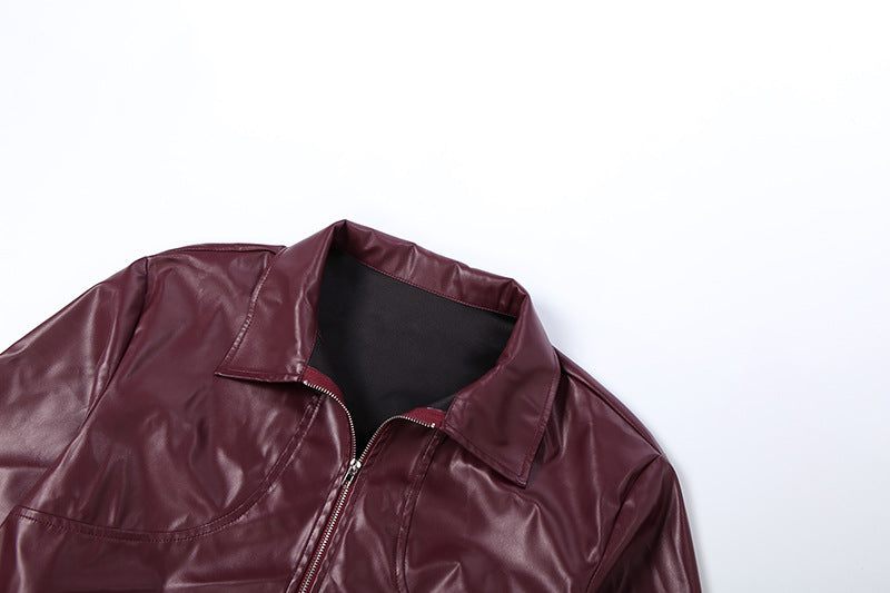 Solid Color Zipper Leather Coat XEF K25C85370