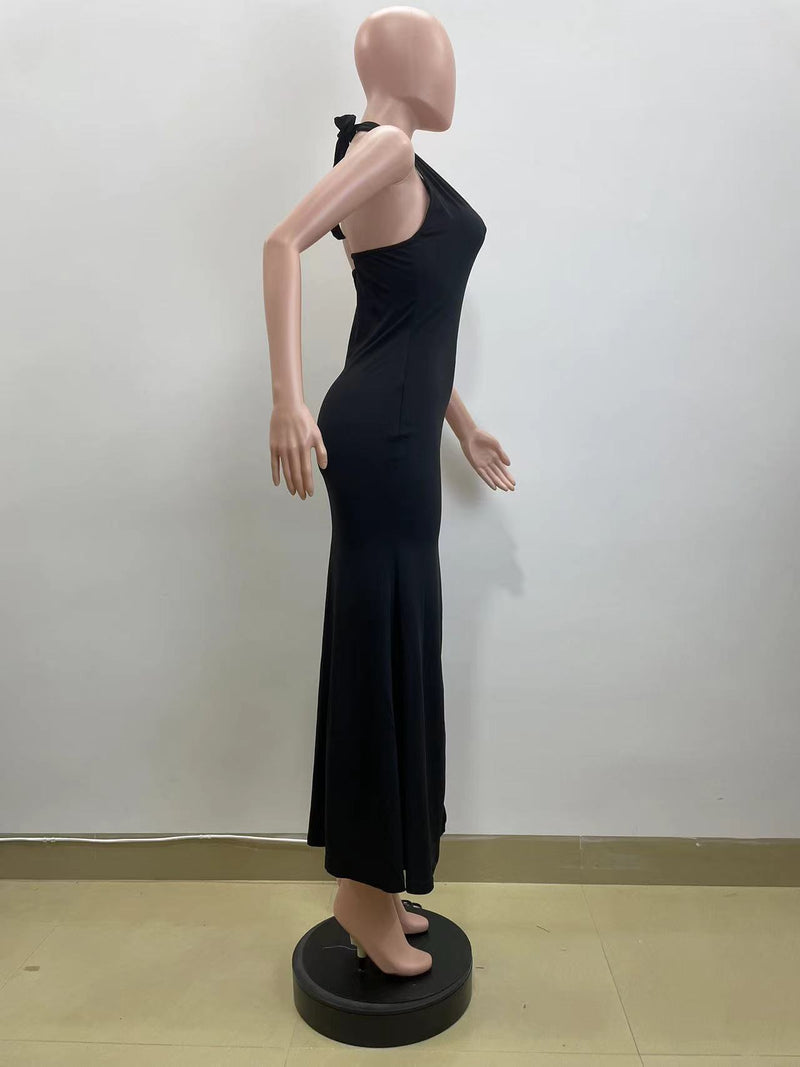 Deep V Neck Halter Backless Split Maxi Dress QOUY M6032