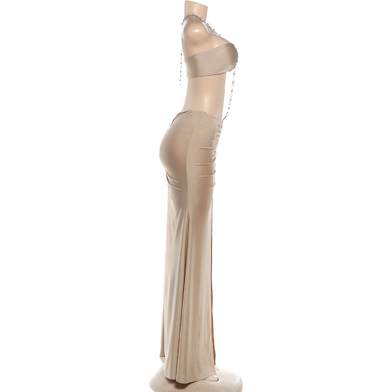 Chain Halterneck Split Maxi Dress DLSF K6D10597A